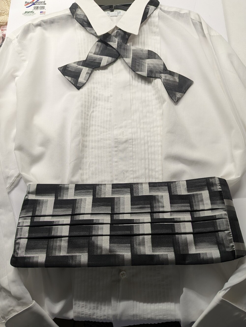Vintage Carrot & Gibbs Cummerbun and Bowtie Set Geometric Black Gray White